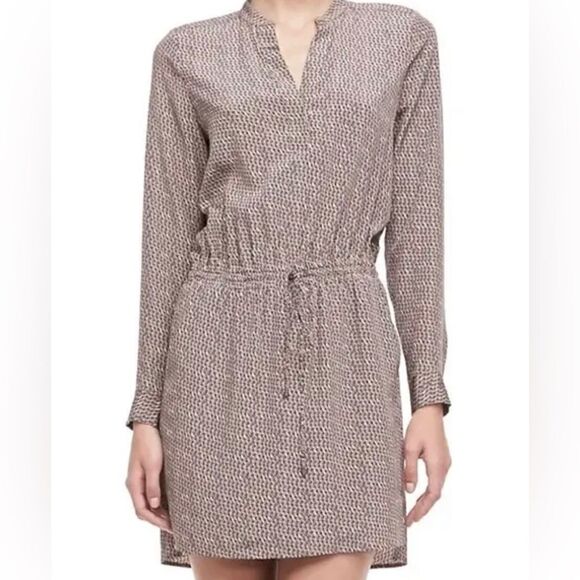 Vince Silk Diagonal Print Drop Waist Drawstring Long Sleeve Shirt Dress - Picture 1 of 7